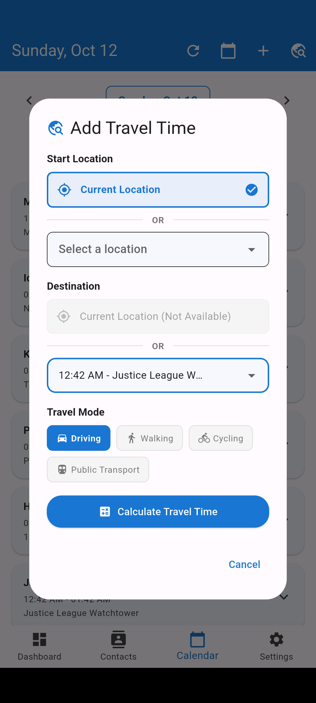 ContactFlow Travel Time Calculator